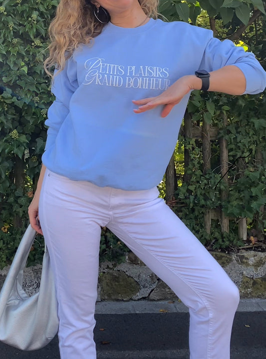 Petits Plaisirs, Grand Bonheur blue sweatshirt — cozy French-inspired design