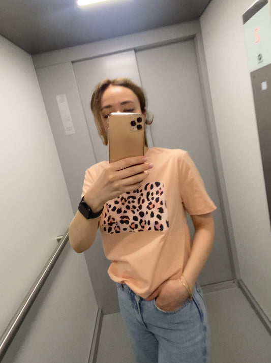 Leopard print organic cotton t-shirt in peach and black, comfortable, stylish, casual chic