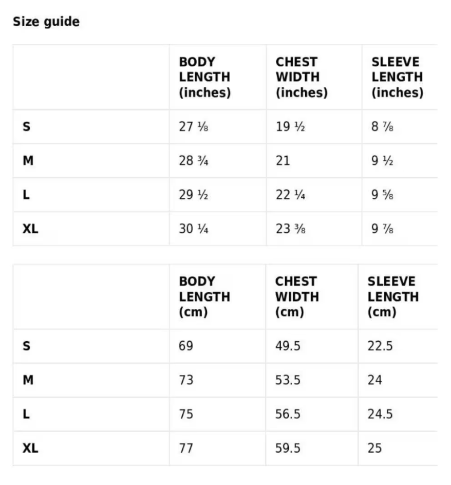 Size guide chart for clothing with measurements in both inches and centimeters.