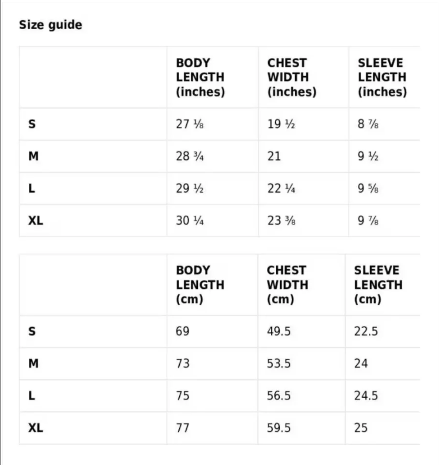 Size chart for clothing with measurements in both inches and centimeters.