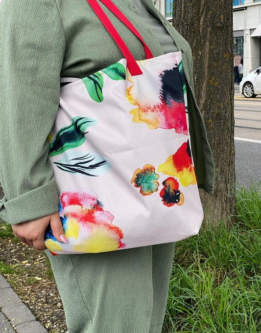 Watercolor Flowers tote bag — lightweight floral design with pocket