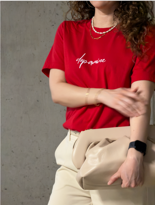 Red women's t-shirt with white text "dopamine" — mindful graphic tee by Island of Calm