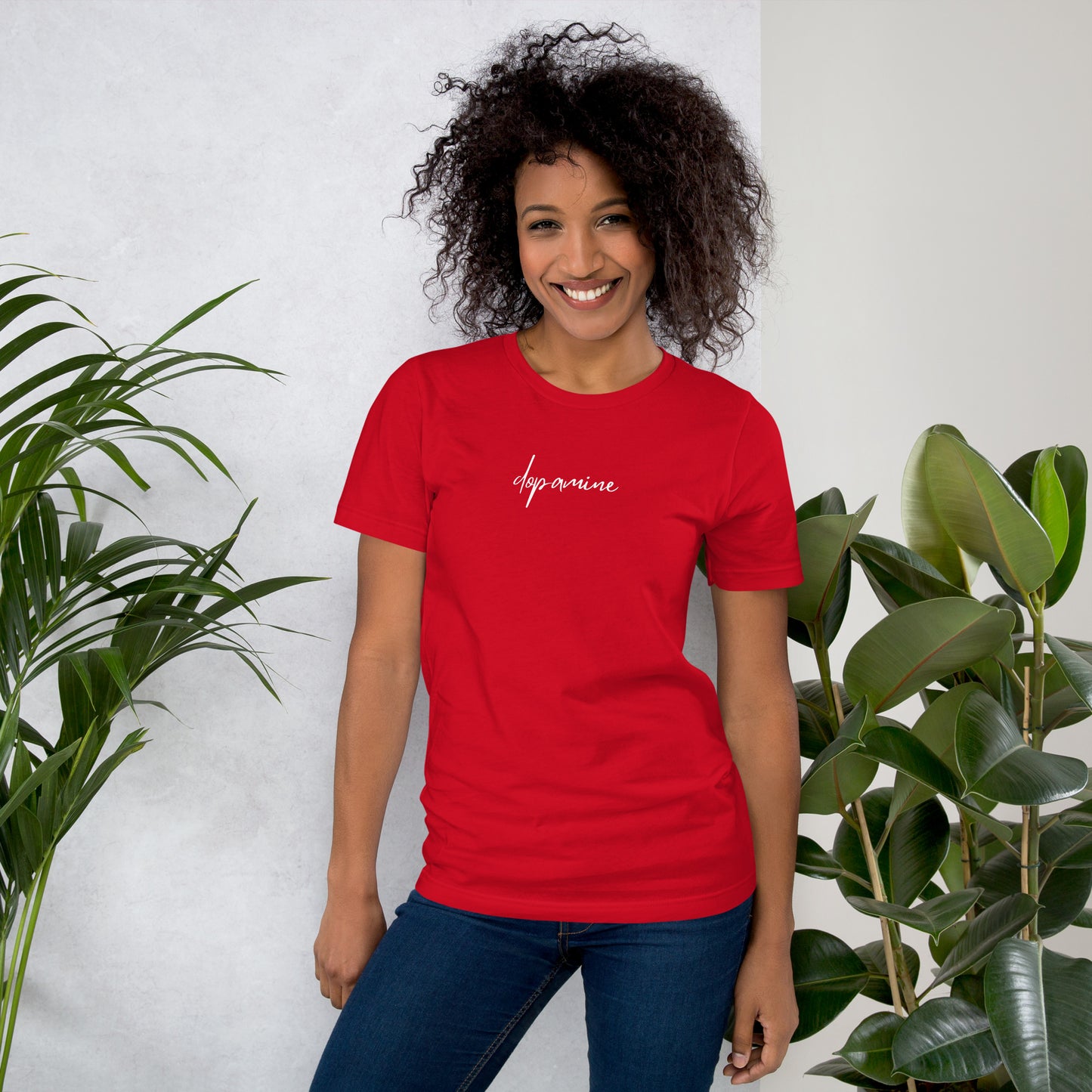 Red women's t-shirt with white text "dopamine" — mindful graphic tee by Island of Calm