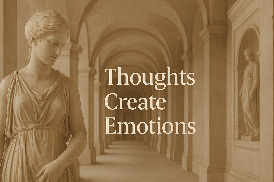 Sculptures with text “thoughts create emotions” — blog article on emotions and mindset