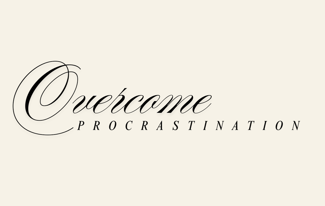 Minimalist graphic with the words ‘Overcome Procrastination’ on a neutral background, inspiring action and productivity.