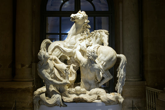 Statues of horses and humans showing fear and panic — illustrating situational and psychological fear.
