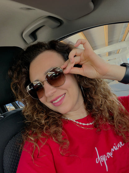 Red women's t-shirt with white text "dopamine" — mindful graphic tee by Island of Calm