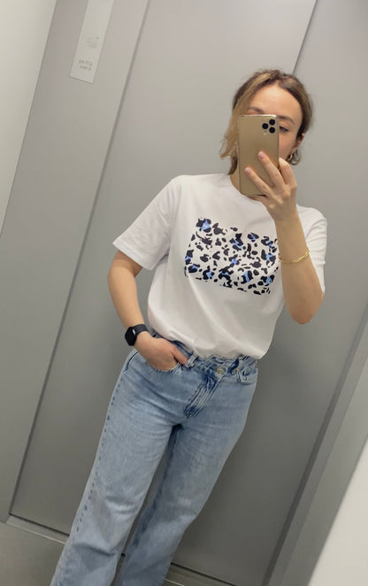 Blue Leopard Print T-Shirt in Black & White