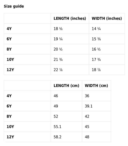 Size guide chart for children's clothing with length and width measurements in both inches and centimeters.