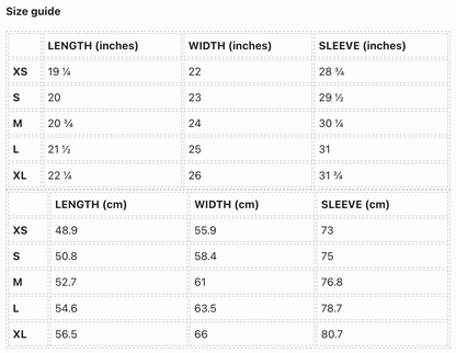 Size guide chart for clothing measurements in both inches and centimeters.