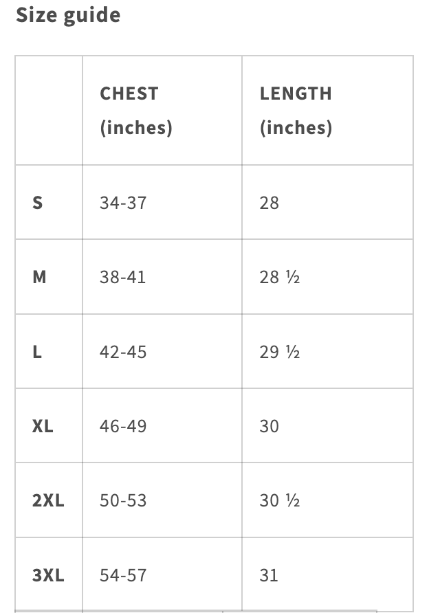 Size guide for oversized heavyweight hoodie showing measurements for S, M, L, XL, 2XL, 3XL.