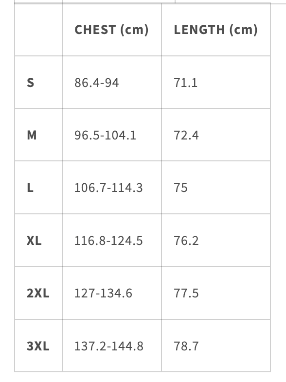Size guide for oversized heavyweight hoodie showing measurements for S, M, L, XL, 2XL, 3XL.