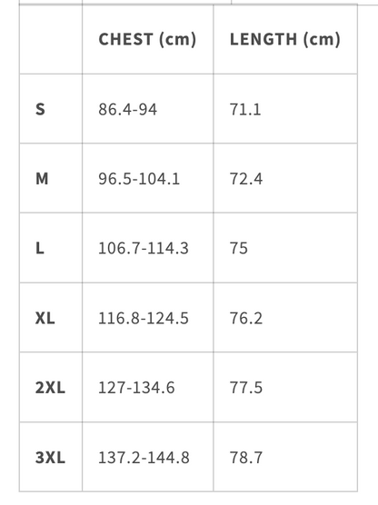 Size guide for oversized heavyweight hoodie showing measurements for S, M, L, XL, 2XL, 3XL.