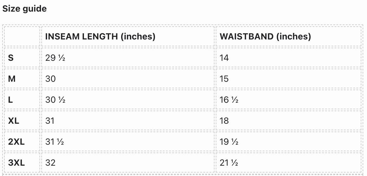 Size guide for heavyweight sweatpants with “coziness” embroidery, showing measurements for S, M, L, XL, 2XL, 3XL.