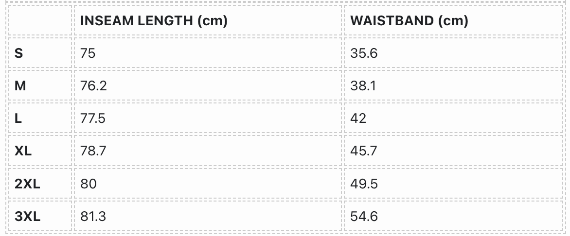 Size guide for heavyweight sweatpants with “coziness” embroidery, showing measurements for S, M, L, XL, 2XL, 3XL.