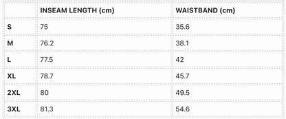 Size guide for heavyweight sweatpants with “coziness” embroidery, showing measurements for S, M, L, XL, 2XL, 3XL.