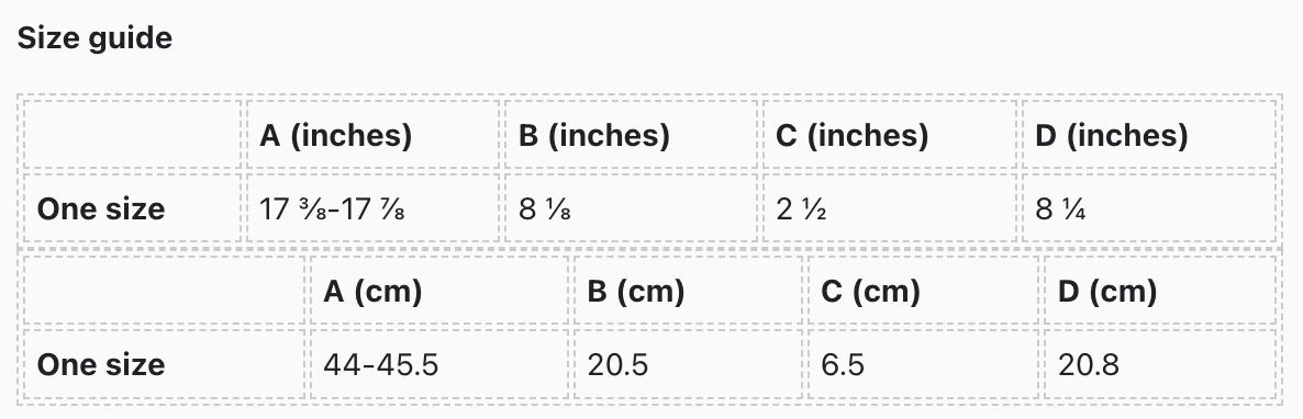Size chart for black embroidered beanie, one size fits most