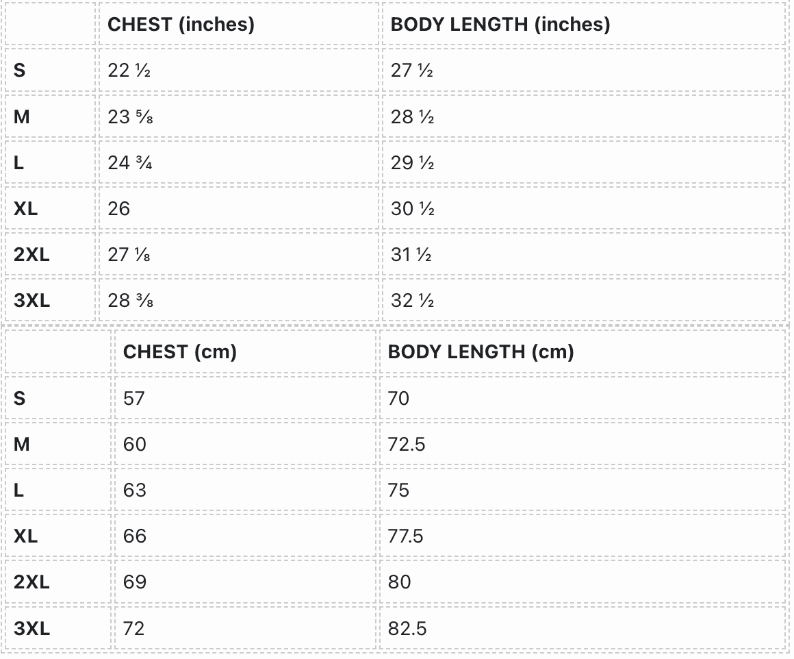 Size chart for clothing with chest and body length measurements in both inches and centimeters.