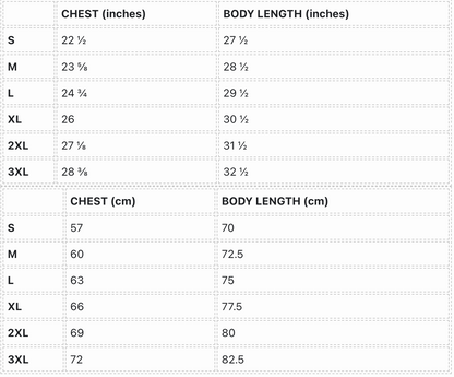 Size chart for clothing with chest and body length measurements in both inches and centimeters.