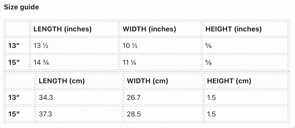 Size guide chart for dimensions in inches and centimeters