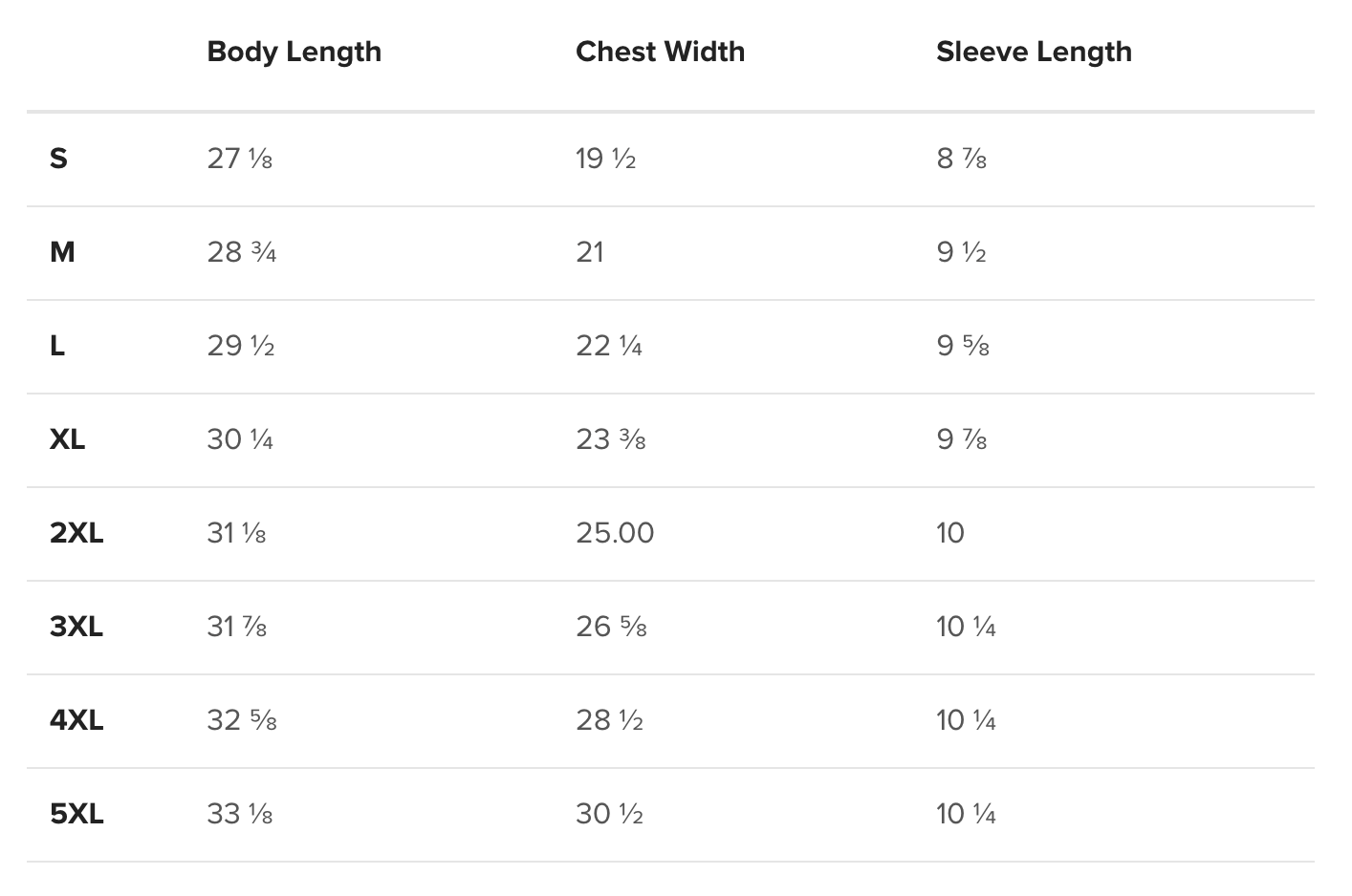 Size chart for clothing with measurements in inches