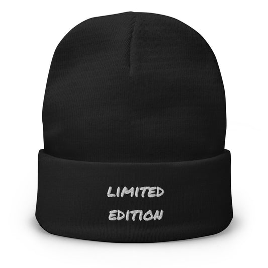 Black embroidered beanie with “limited edition” detail, unisex cotton blend hat