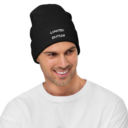 Man wearing a black embroidered limited edition beanie, unisex minimalist accessory