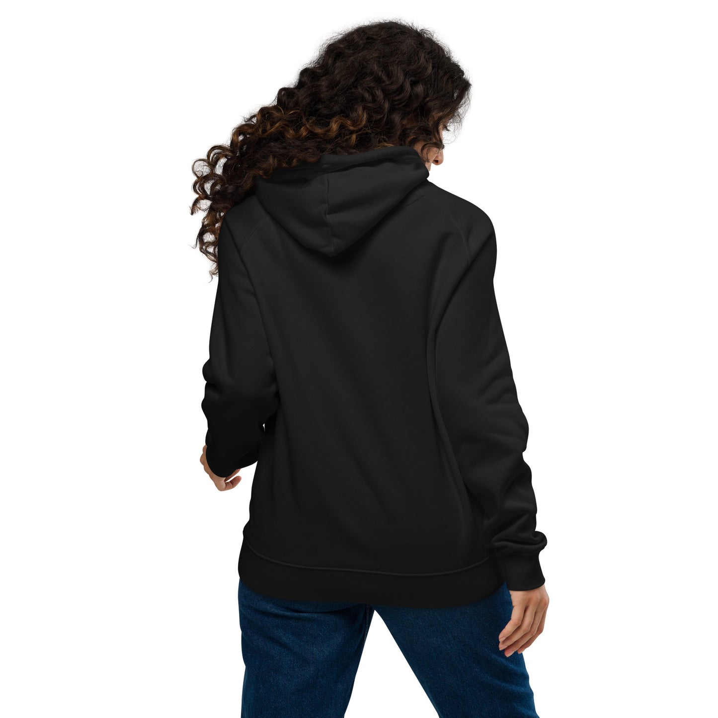 Black unisex eco raglan hoodie — back view of clean, sustainable silhouette.