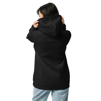 Black unisex eco raglan hoodie — back view of clean, sustainable silhouette.