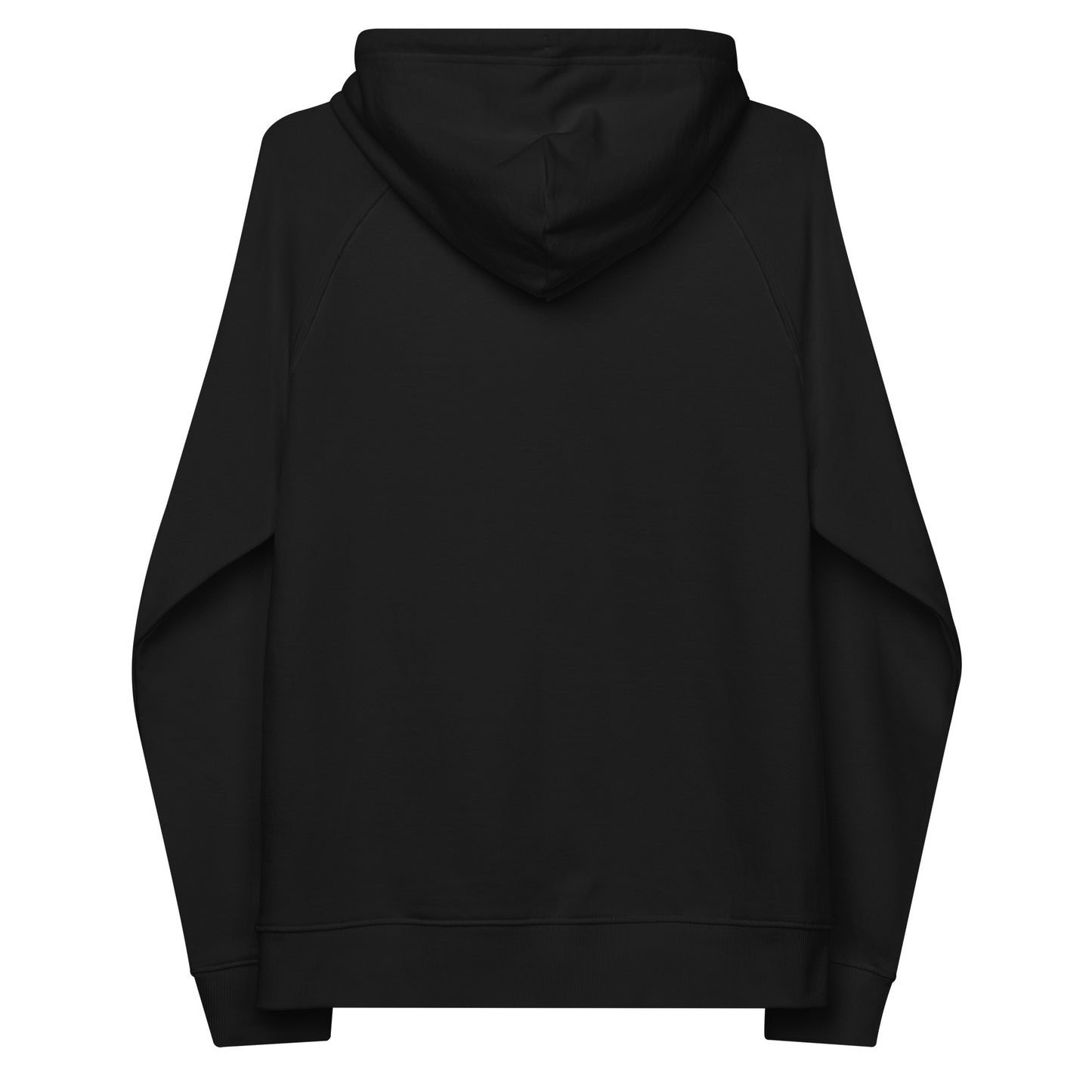 Black unisex eco raglan hoodie — back view of clean, sustainable silhouette.