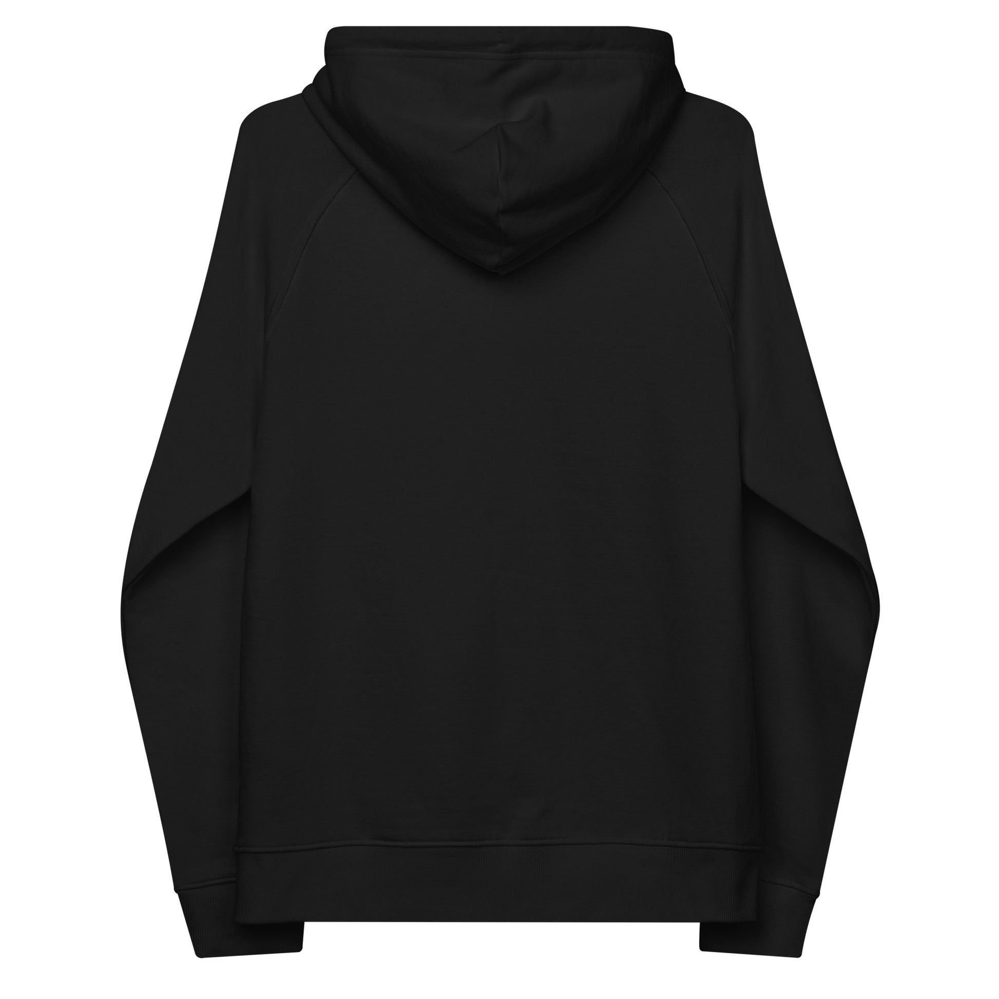 Black unisex eco raglan hoodie — back view of clean, sustainable silhouette.