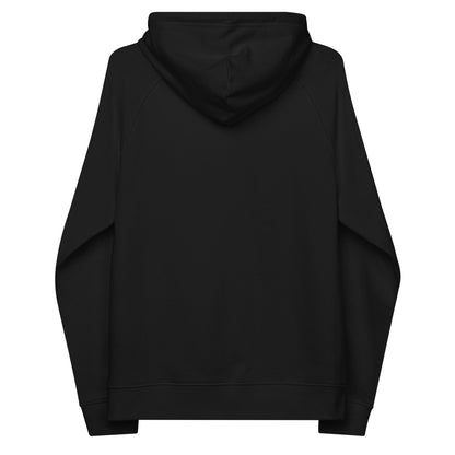 Black unisex eco raglan hoodie — back view of clean, sustainable silhouette.