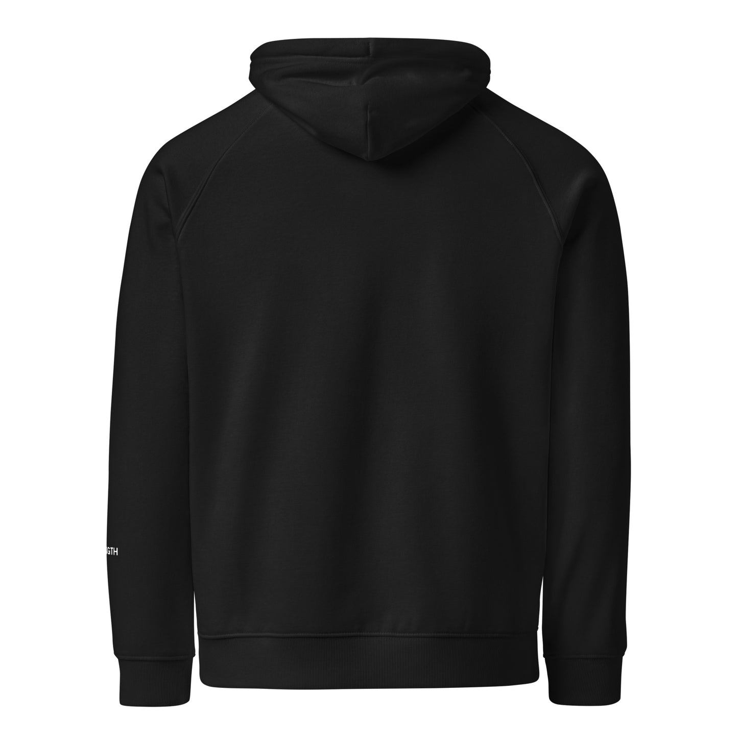 Black unisex eco raglan hoodie — back view of clean, sustainable silhouette.