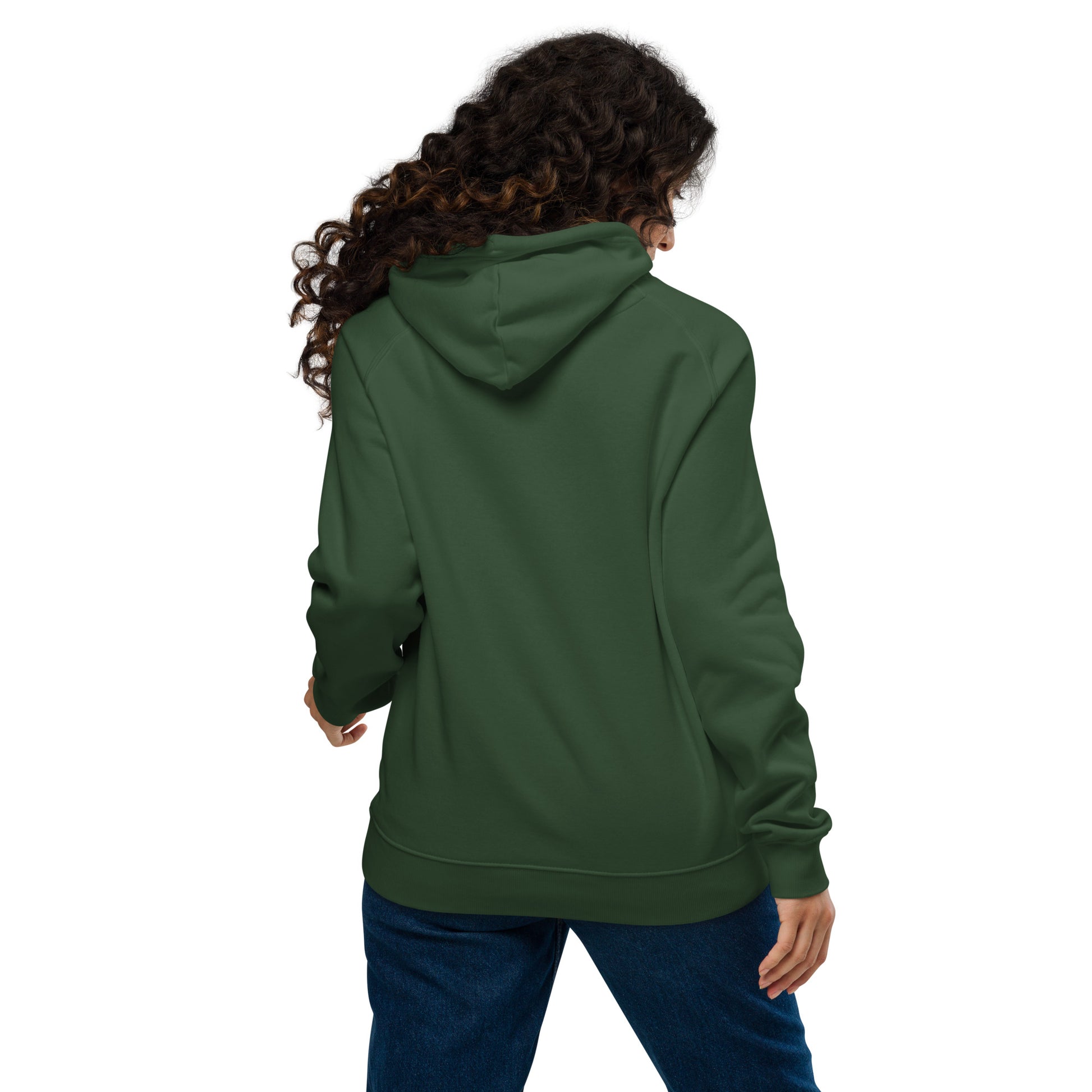 Woman wearing a bottle green organic cotton hoodie with serenity sleeve print, relaxed unisex fit.