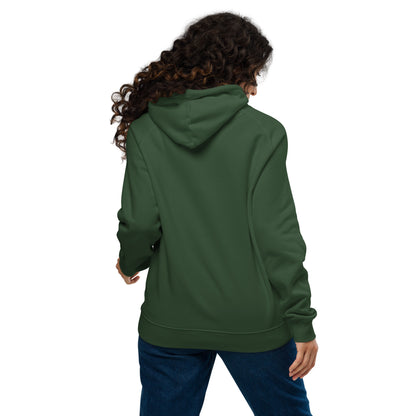 Woman wearing a bottle green organic cotton hoodie with serenity sleeve print, relaxed unisex fit.