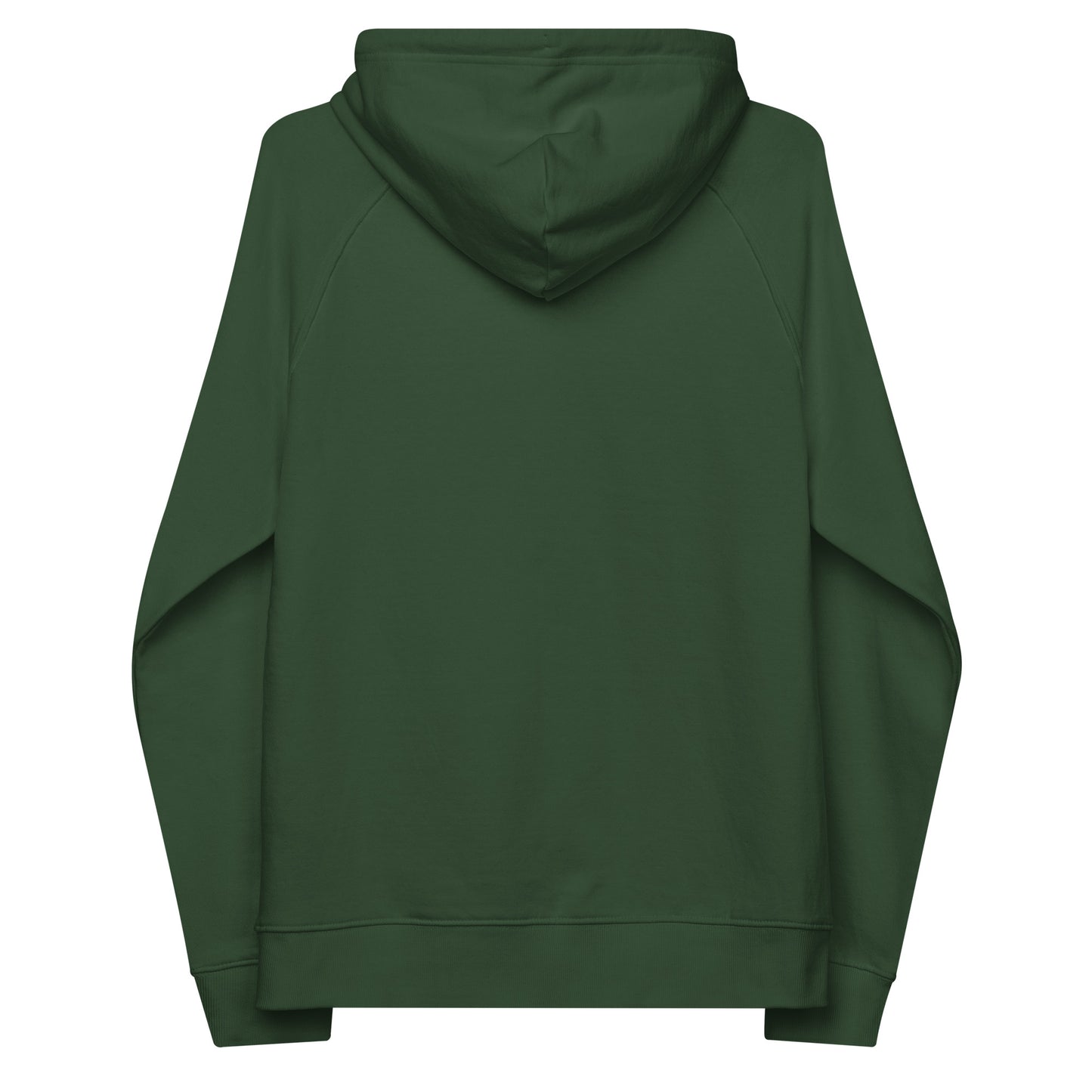 Bottle green organic cotton hoodie, back view, minimalist unisex design.