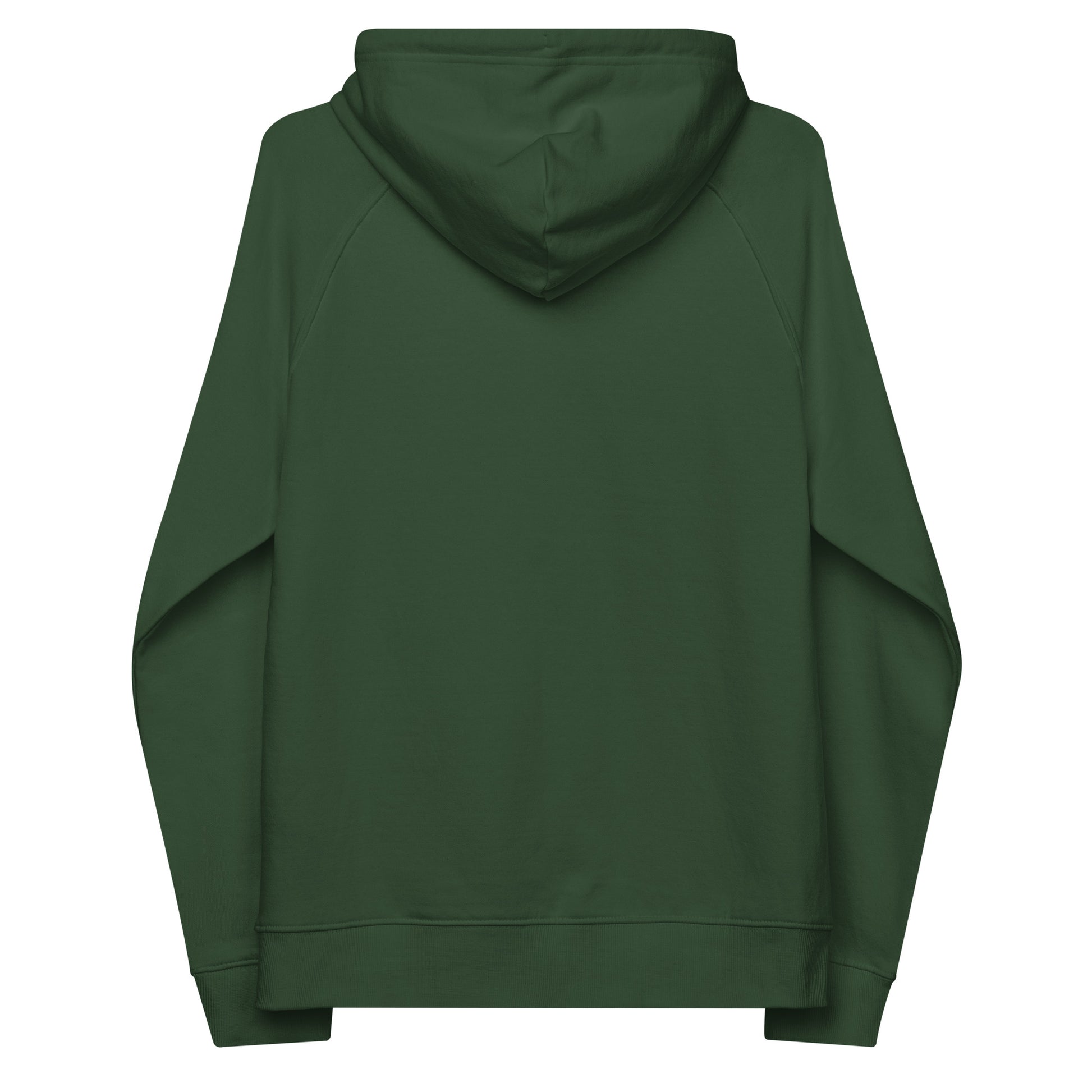 Bottle green organic cotton hoodie, back view, minimalist unisex design.