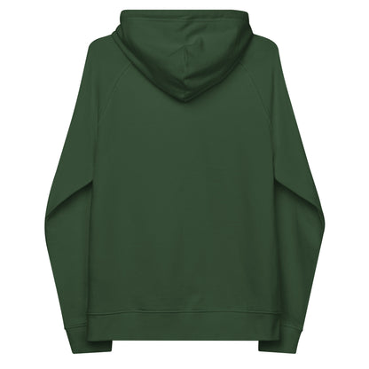 Bottle green organic cotton hoodie, back view, minimalist unisex design.
