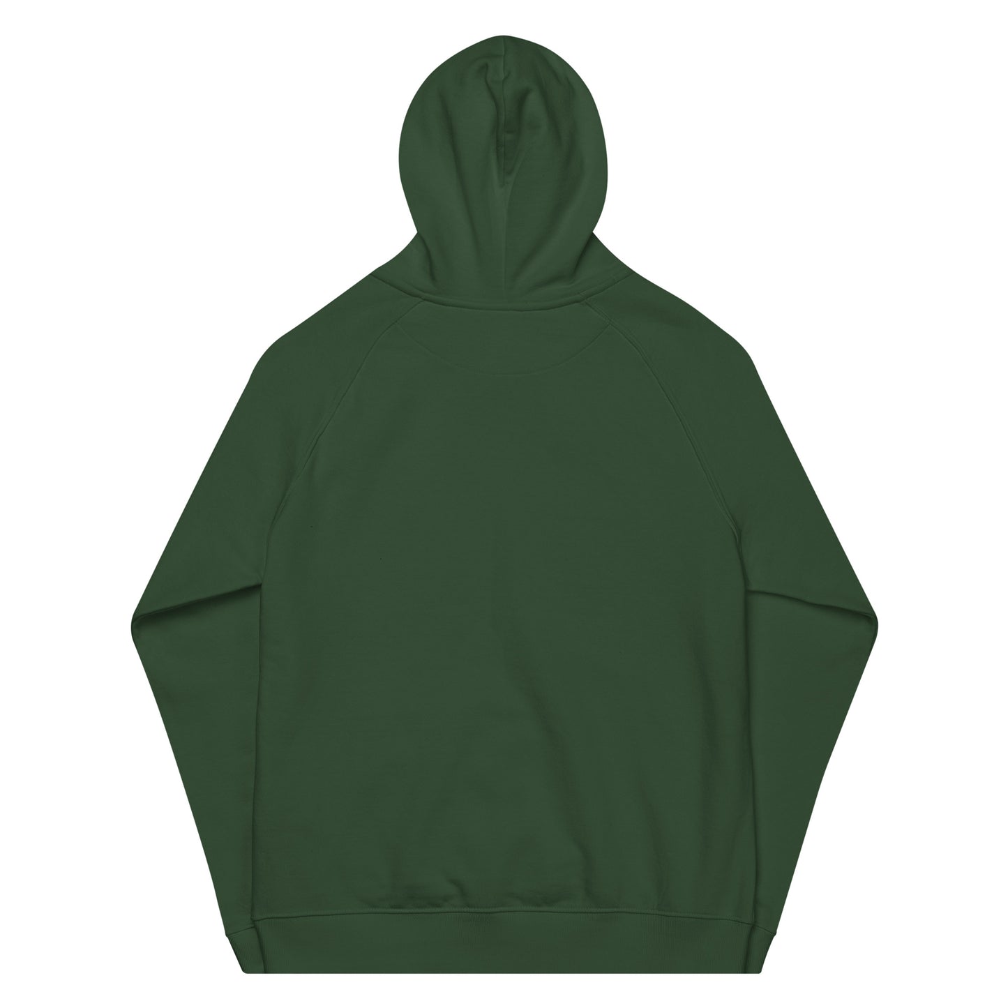 Bottle green organic cotton hoodie, back view, minimalist unisex design.