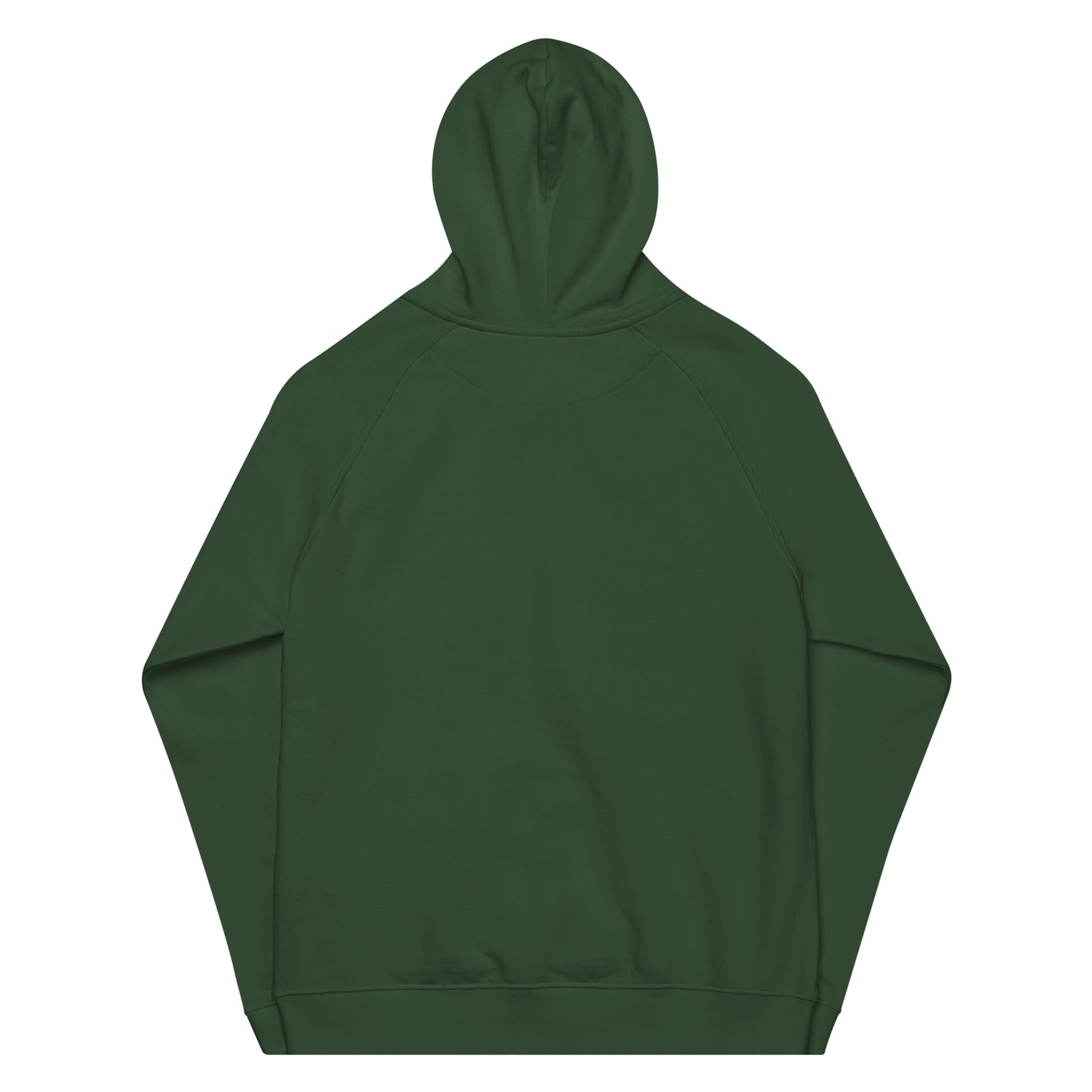 Bottle green organic cotton hoodie, back view, minimalist unisex design.