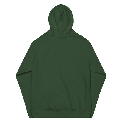 Bottle green organic cotton hoodie, back view, minimalist unisex design.