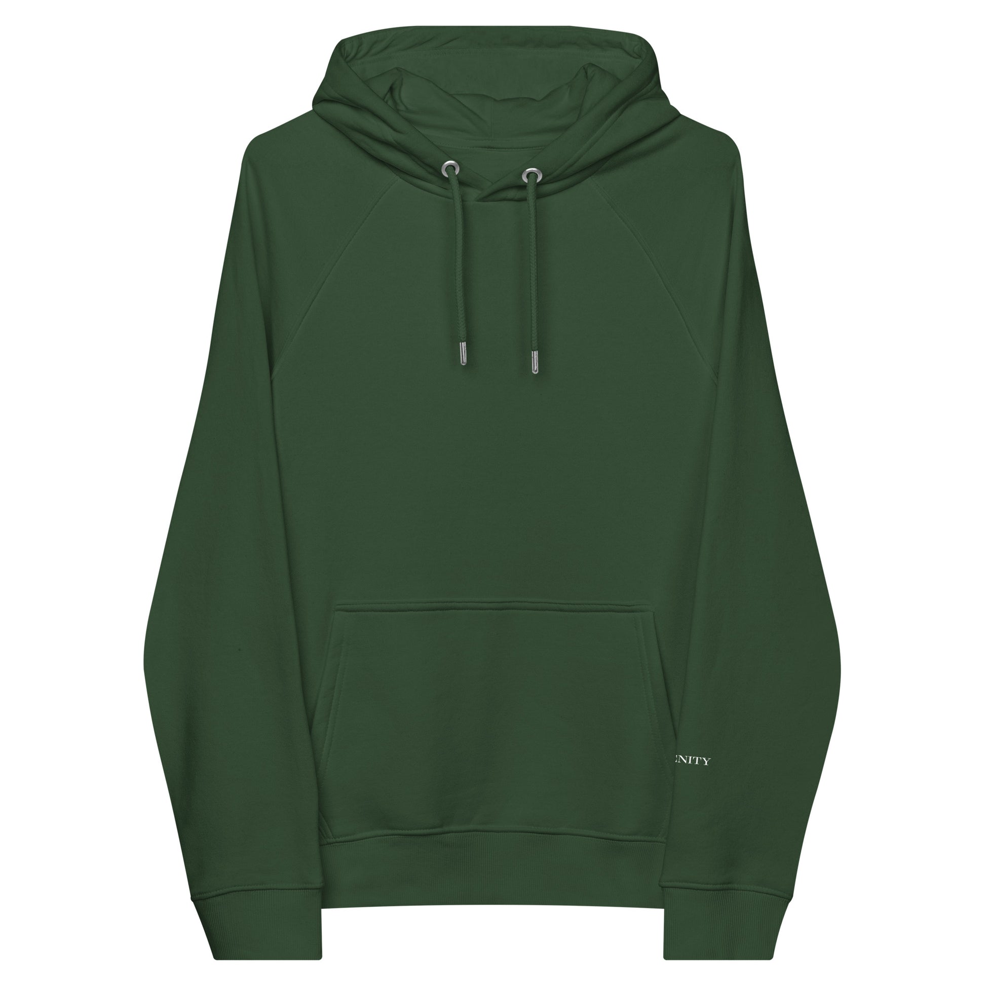 Bottle green organic cotton hoodie, front view, with serenity print on the sleeve.