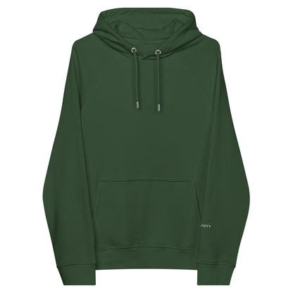 Bottle green organic cotton hoodie, front view, with serenity print on the sleeve.