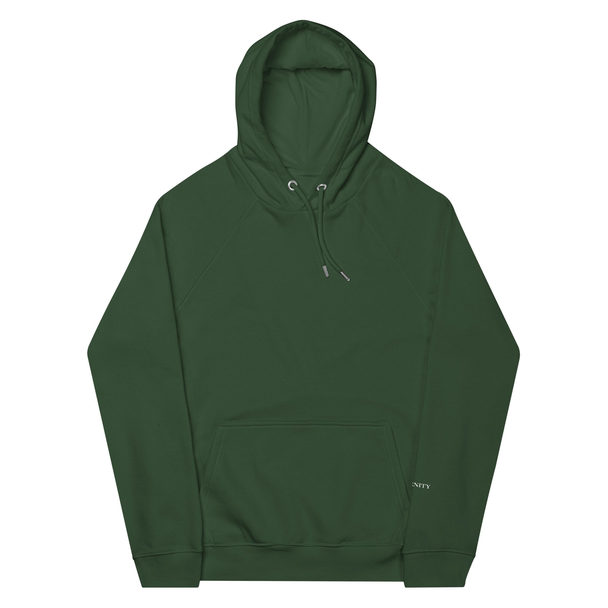 Bottle green organic cotton hoodie, front view, with serenity print on the sleeve.