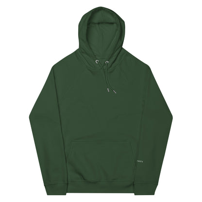 Bottle green organic cotton hoodie, front view, with serenity print on the sleeve.