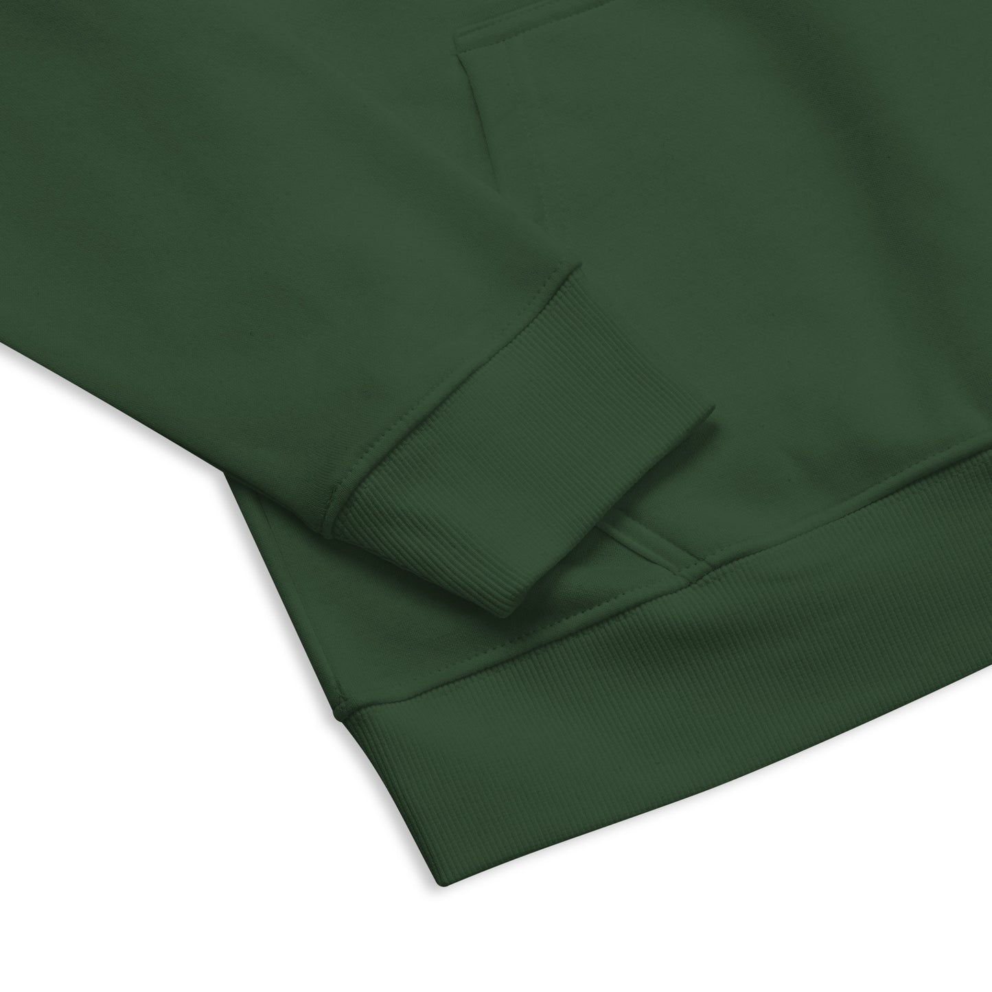 Close-up of ribbed cuffs and hem on the bottle green organic cotton hoodie.