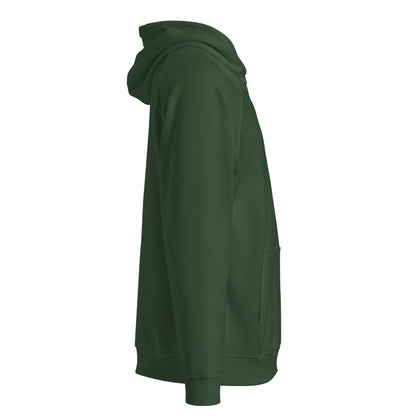 Bottle green organic cotton hoodie, side view showing the serenity sleeve print.