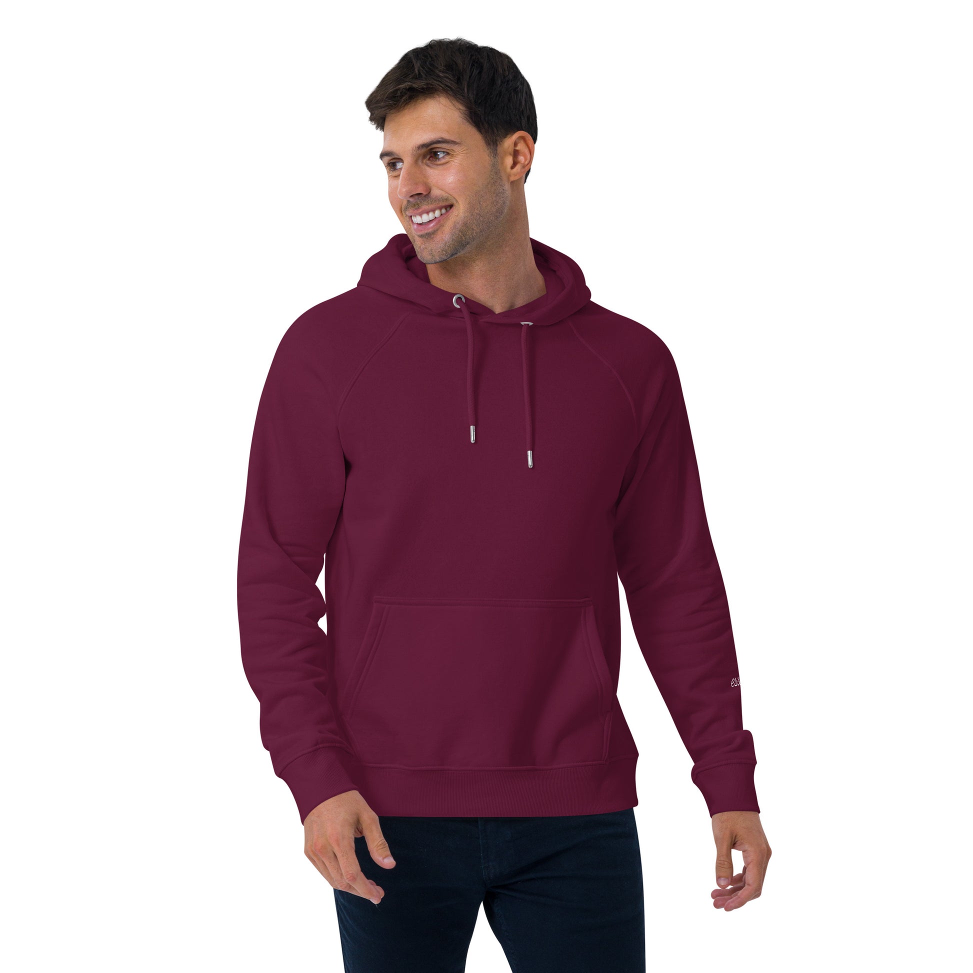 A man wearing eco-friendly burgundy hoodie with raglan sleeves