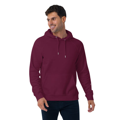 A man wearing eco-friendly burgundy hoodie with raglan sleeves