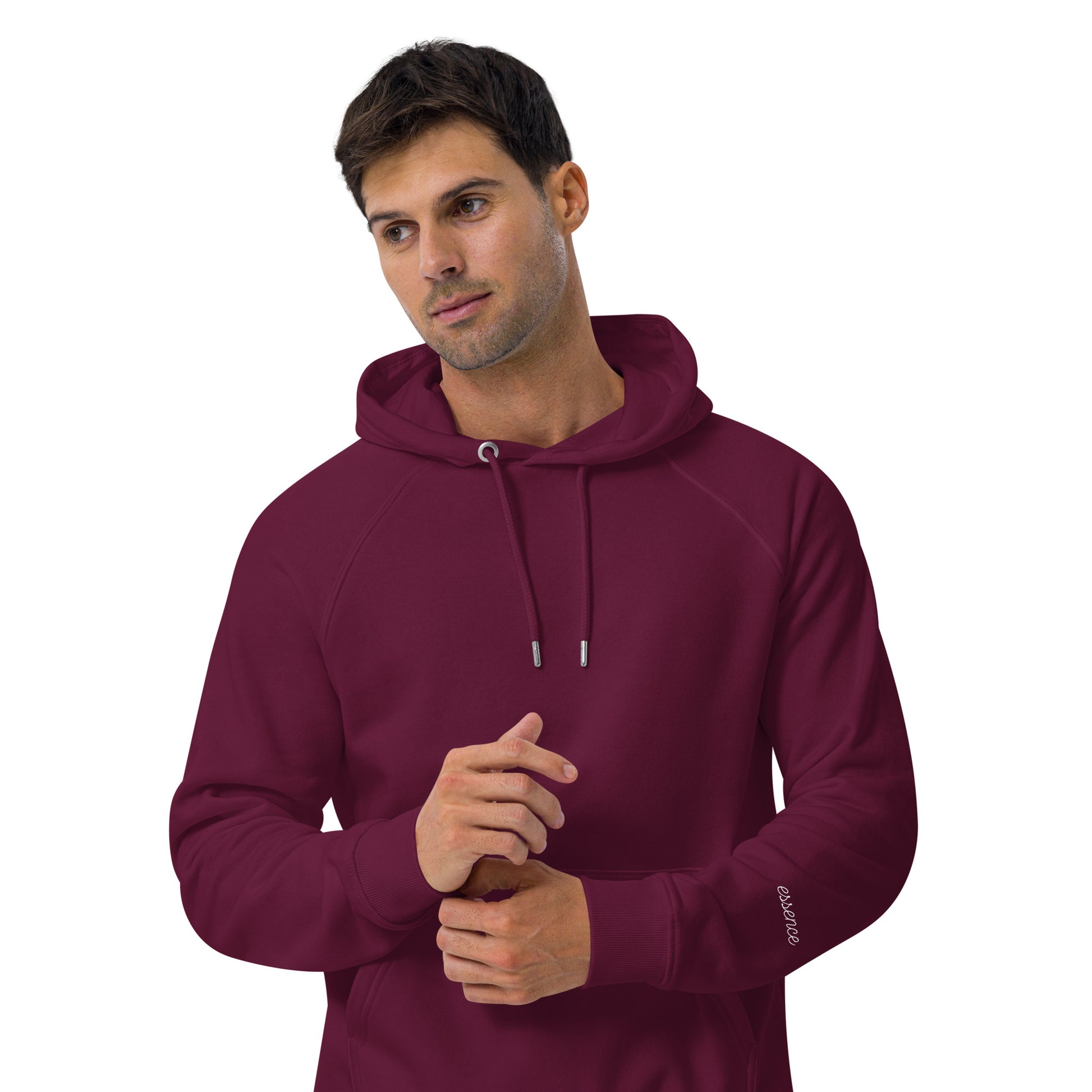 A man wearing eco-friendly burgundy hoodie with raglan sleeves
